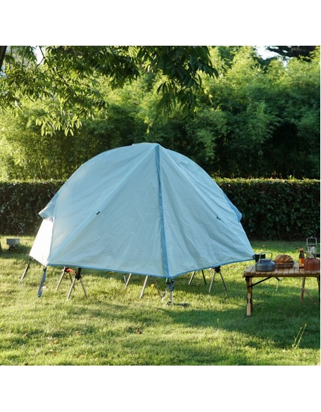Outdoor camping tent raised from the ground